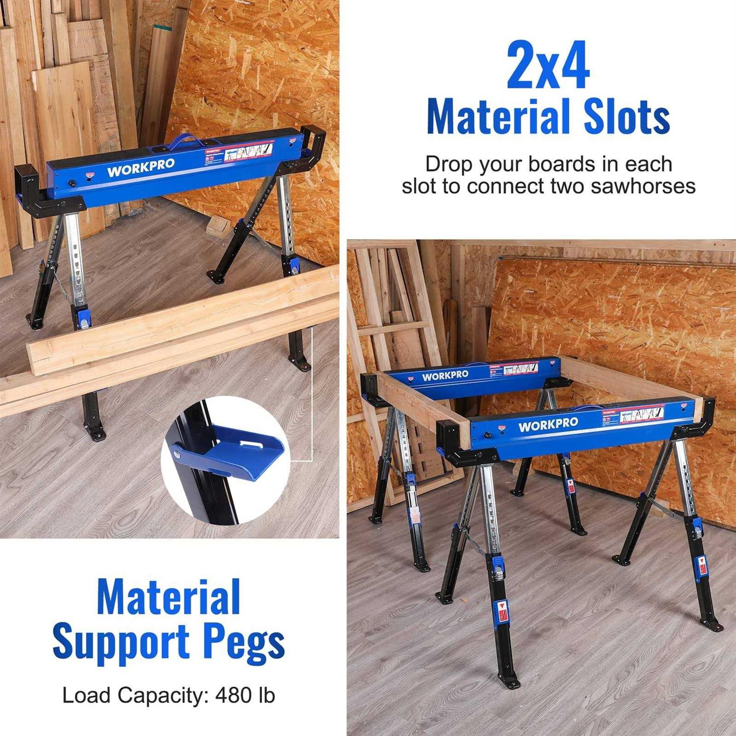 WORKPRO Folding Sawhorse 2-Pack Adjustable Heavy Duty Saw horse with 2x4 Support Arms - Shop Hardware Tools Online Store