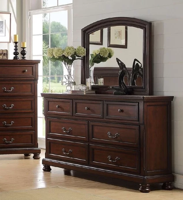 Formal Traditional Cherry Veneer 4pc Bedroom Furniture Eastern King Size Bed Dresser Mirror Nightstand Storage Bed