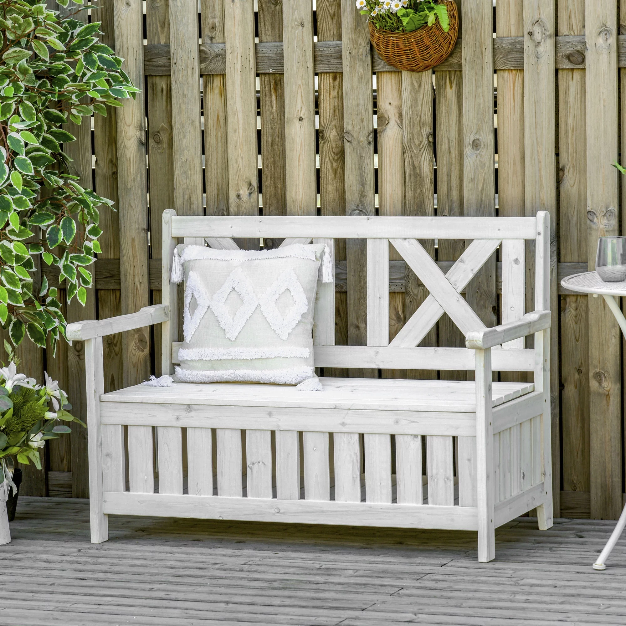 Outsunny Patio Wooden Bench with Storage Box, 29 Gallon Outdoor Storage Bench, Large Entryway Deck Box w/ Unique X-Shape Back, for Deck, Porch & Balcony, White