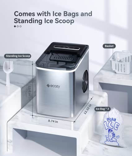 ecozy Nugget Ice Maker Countertop - Chewable Pellet Ice Cubes, 33 lbs Daily Output, Stainless Steel Housing, Self-Cleaning Ice Machine with Ice Bags for Parties, Kitchen, Bar, Office, Silver