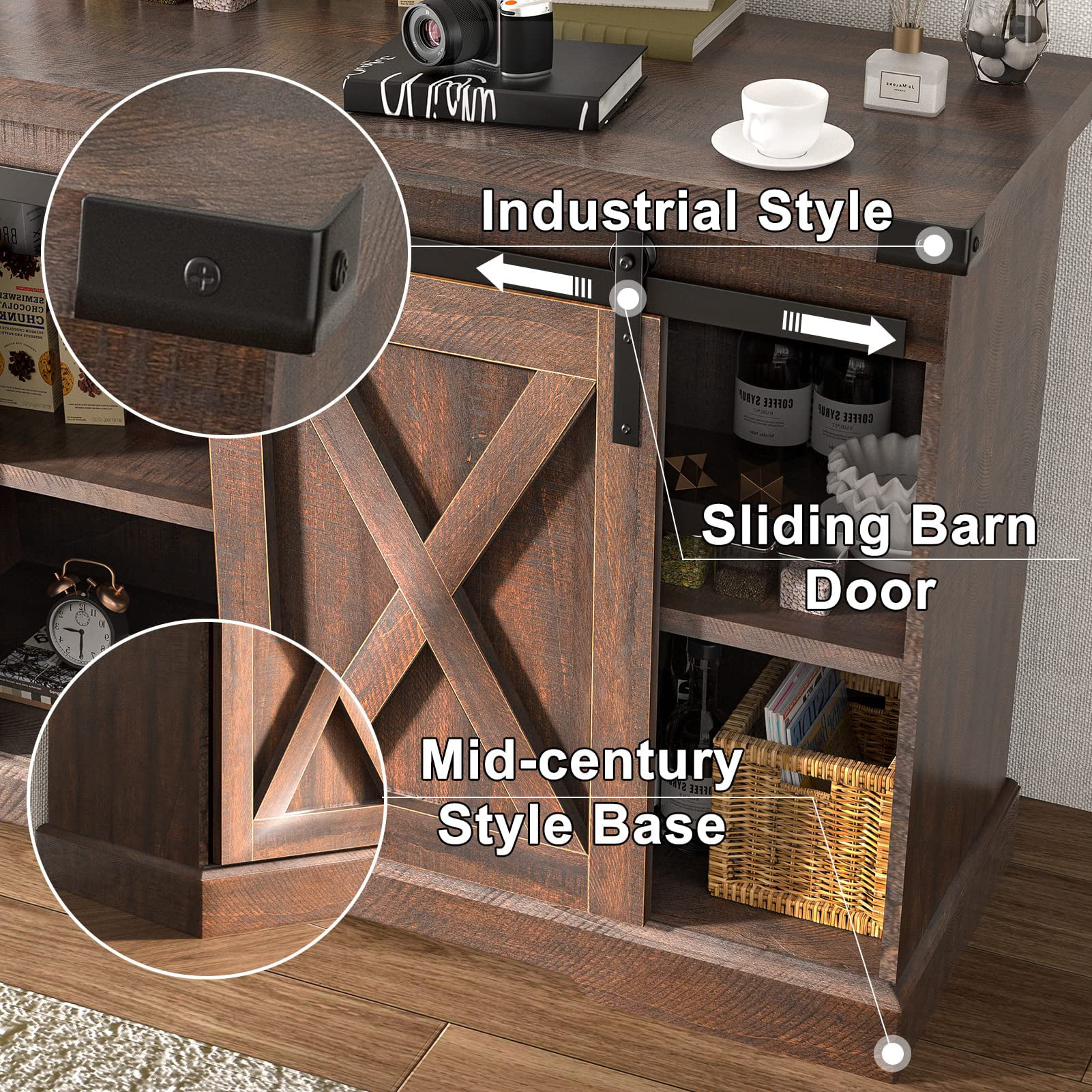 Chvans Farmhouse Barn Door TV Stand for up to 65 TVs /23 Electric Fireplace, Entertainment Center Console Table with Adjustable Shevles(58)