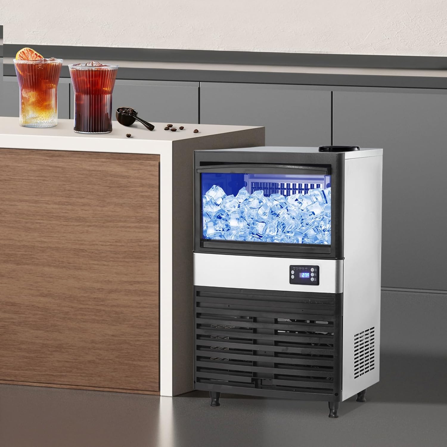 Commercial Ice Maker Machine, 110Lbs/24H, 26Lbs Storage Bin, Under Counter ice Machine, Automatic Cleaning Function Ideal for Home, Bar, Hotel,Coffee Shop, 2 Water Inlet Modes