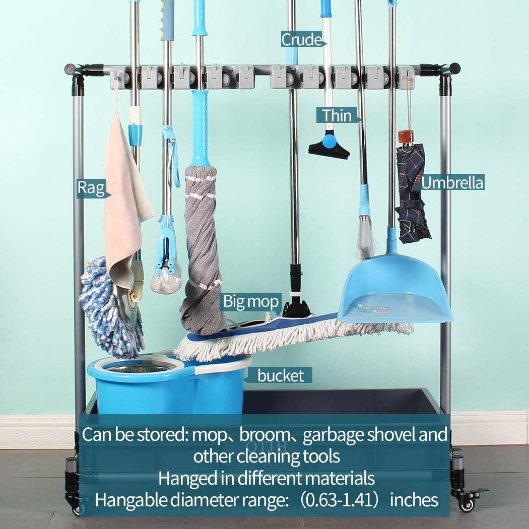 QTJH Broom And Mop Holder Put Wet Mops Movable Floor-Mounted Mop Rack Floor Standing Cleaning Tool Cart Storage For Garden Garage Schools, Hospitals, Factories, Hotels,Property Companies