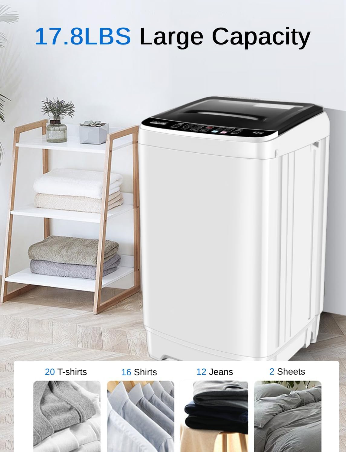 Nictemaw Portable Washing Machine, 17.8Lbs Capacity Full Automatic Compact Laundry Washer, 2.3 Cu.ft Portable Washer with 10 Wash Programs & 8 Water Levels & Drain Pump for Apartment, RV, Dorm