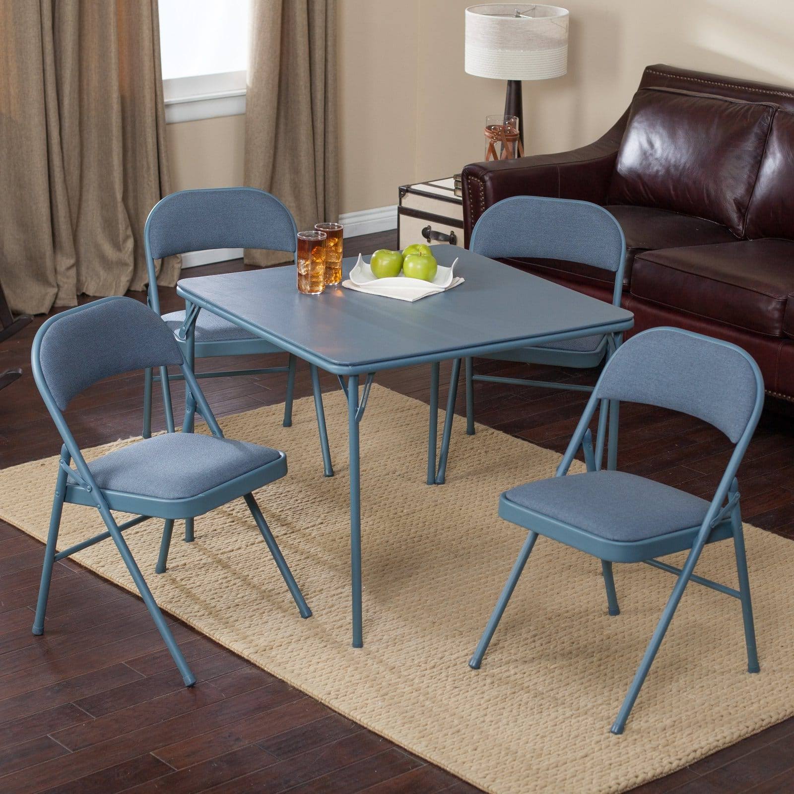 Meco Sudden Comfort Deluxe Double Padded Chair and Back 5 Piece Card Table Set, Cadet Blue