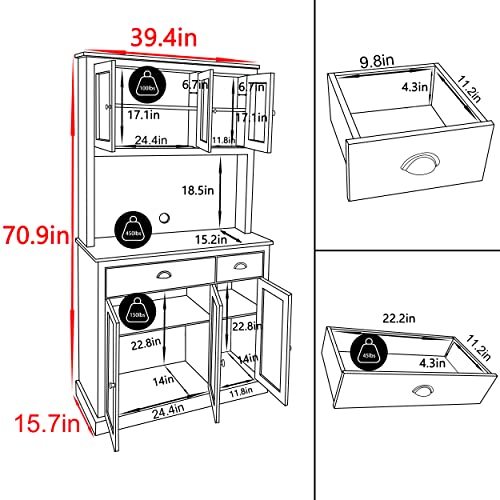 VEIKOU 71" Kitchen Pantry Buffet with Hutch, 2 Drawers, 6 Doors