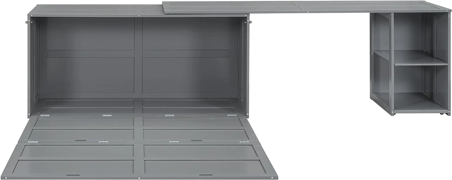 Tabaray Modern Murphy Bed with Movable Desk, Solid Wood Queen Size Foldable Platform Bed with 2 Storage for Teens Adults Bedroom, Maximize Space Savings (Gray)