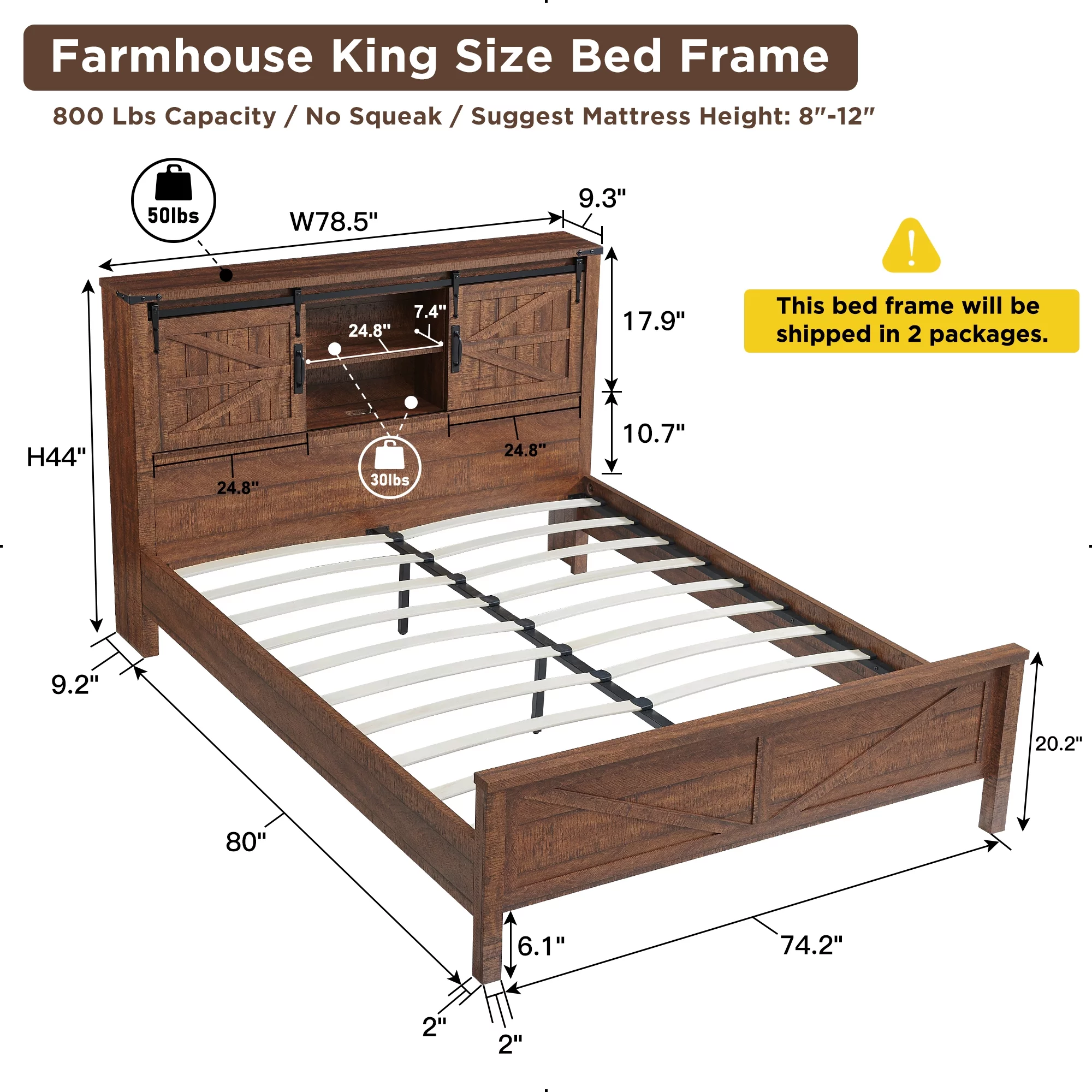 OKD Modern Farmhouse Full Platform Bed with Bookcase Headboard Storage and Charging Station, No Box Spring Needed, Anitique White Finish
