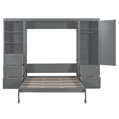 Merax Murphy Bed Queen Size, Built-in Shelves, Storage Drawers and Wardrobe, Wood Folding Wall Bedframe for Guest Room, Home Office, Grey