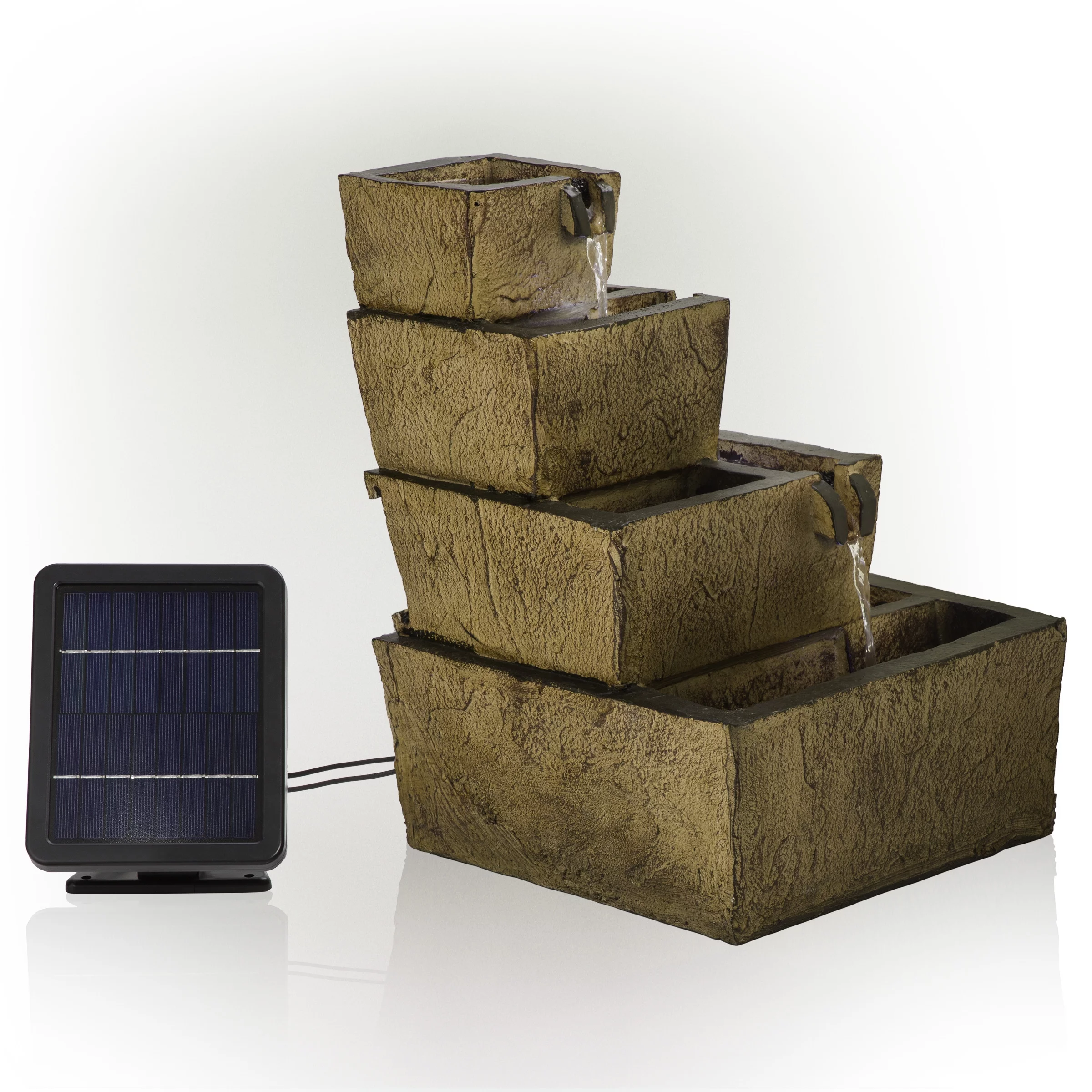 Alpine Corporation 17" Tall Solar Rustic Tiered Fountain Yard Decoration with LED Lights
