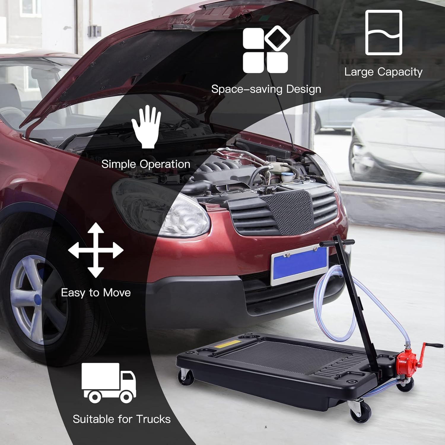 Goplus Portable Oil Drain Pan with Pump 17 Gallon Low Profile Oil Change Pan for Truck Car with 8' Hose, Black