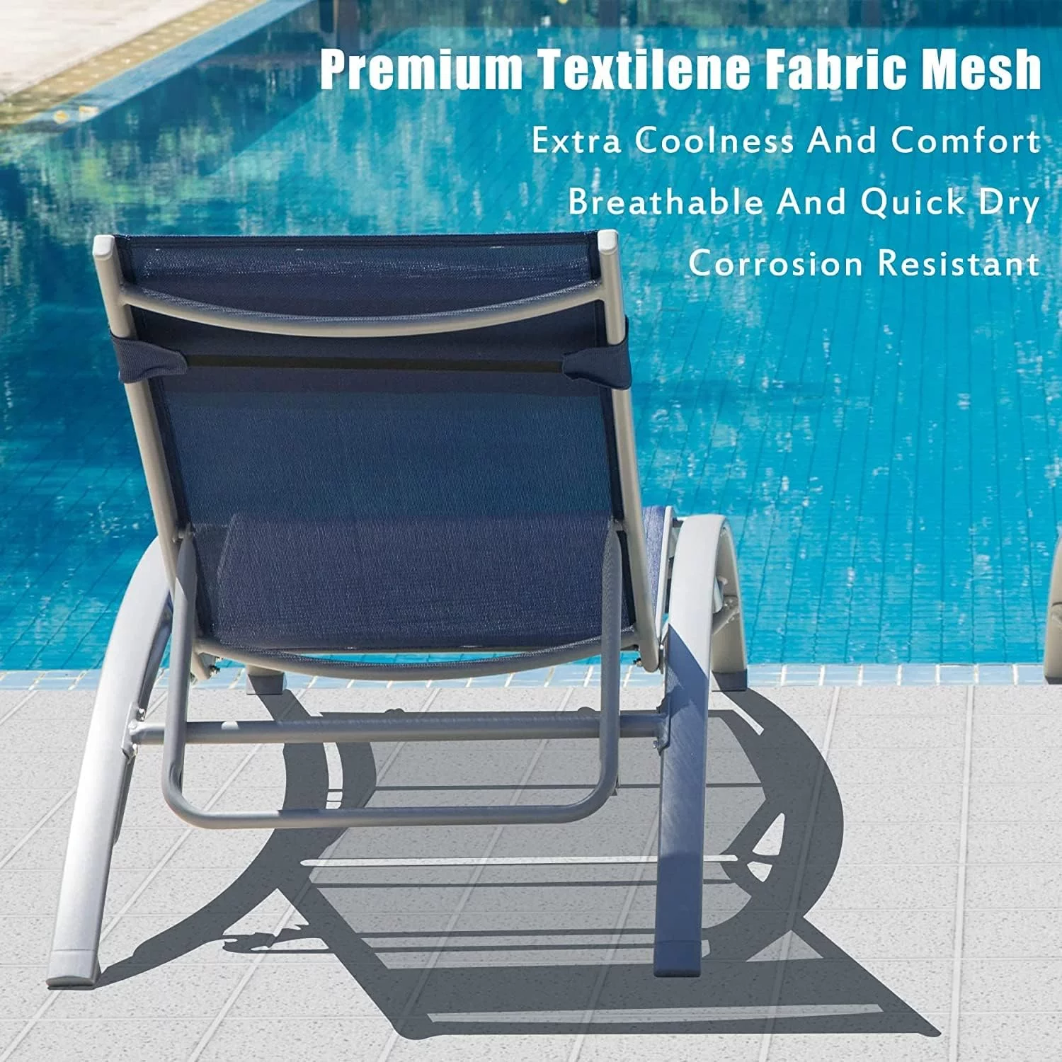 Domi Lounge Chair Set of 3, Aluminum Lounge Chairs for Outside with 5 Adjustable Positions, Chaise Lounge Outdoor for Pool, Garden, Beach, 2 Pool Chairs and 1 Side Table(Blue)