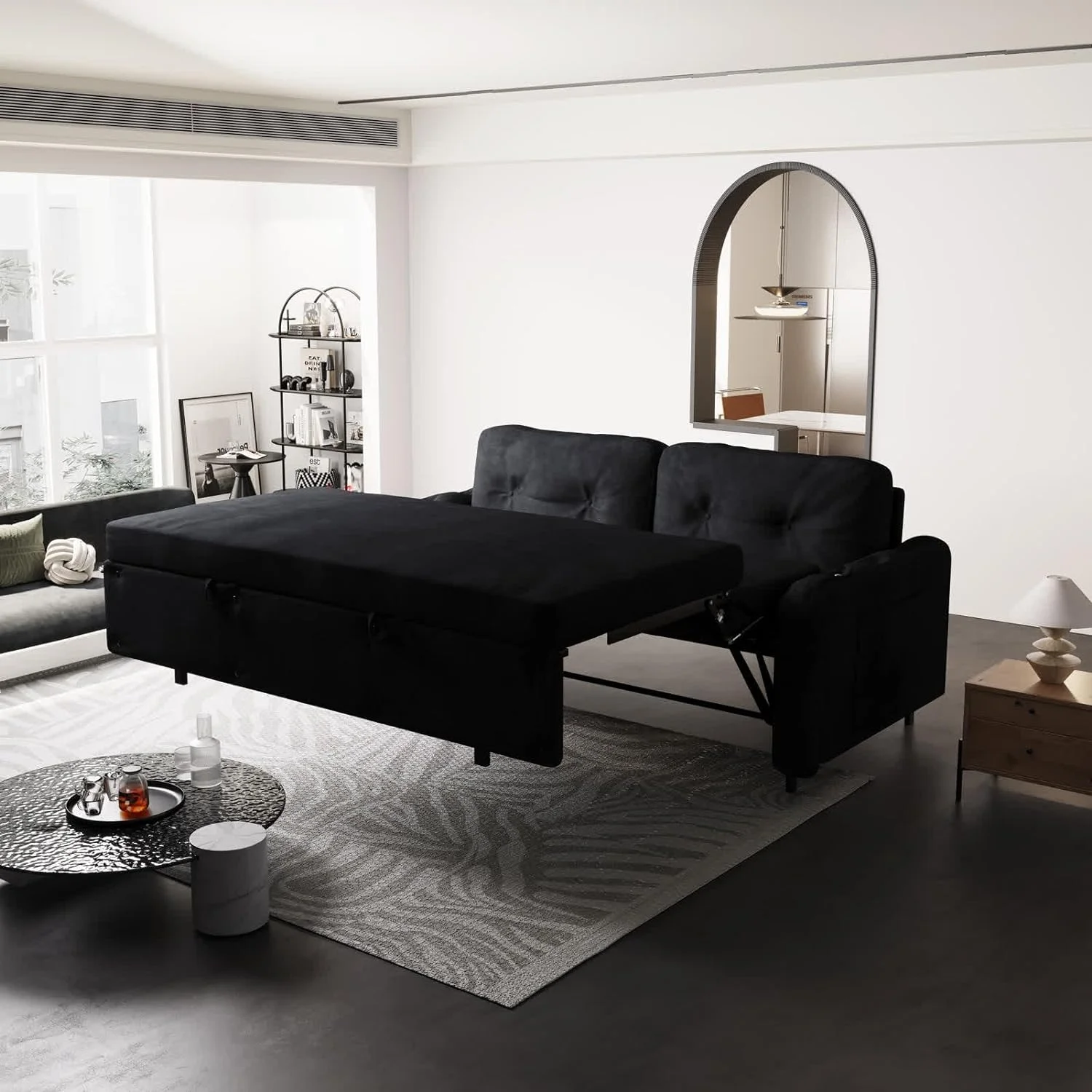 66.2" Sleep Sofa Bed Queen Size, Hydraulic System Pull Out Couch Bed, Sleeper Sofa  Loveseat with 2 Pillows, Modern Velvet Upholstered Couch for Living Room, Small Space, Apartment, Bedroom, Black - Curated Treasures Market