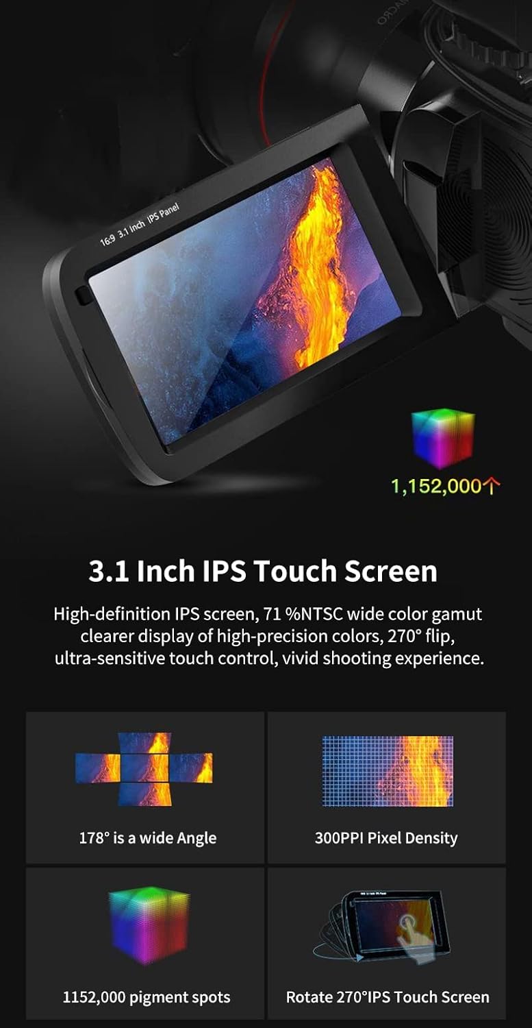 4K Camcorder 10X Optical Zoom Camera ORDRO Ultra HD WiFi Video Camera 120X Zoom Digital Camera 3.1" IPS Touch Screen, Vlog Camera w Microphone, Wide Lens, 2 Batteries, LED Light,Handle,64GB SD Card
