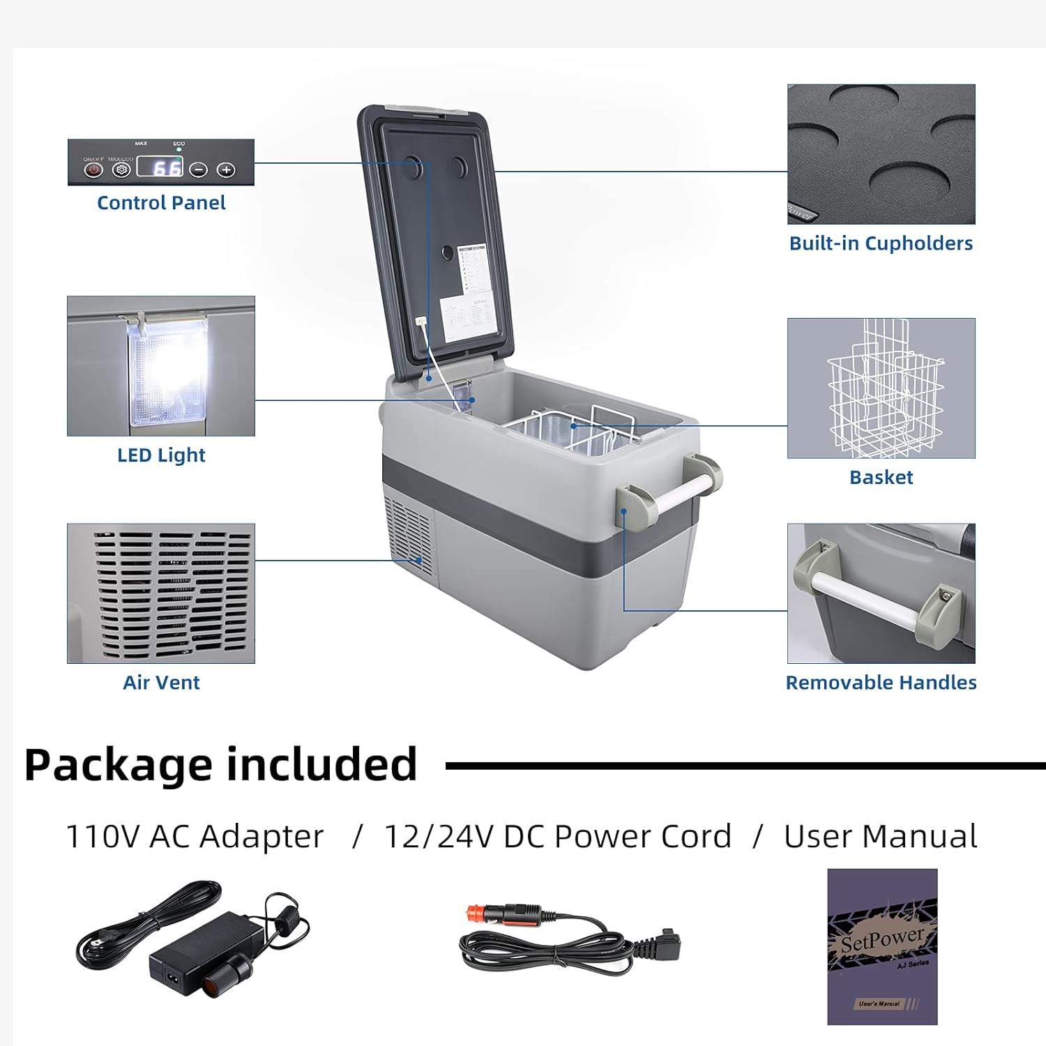 SetPower AJ50 Portable Refrigerator, Car Refrigerator, Portable Fridge Freezer, 12 volt Cooler, Car Fridge, Compact Refrigerator with 3-YEAR Warranty, 12/24V DC and 120-240V AC, Car and Home Use