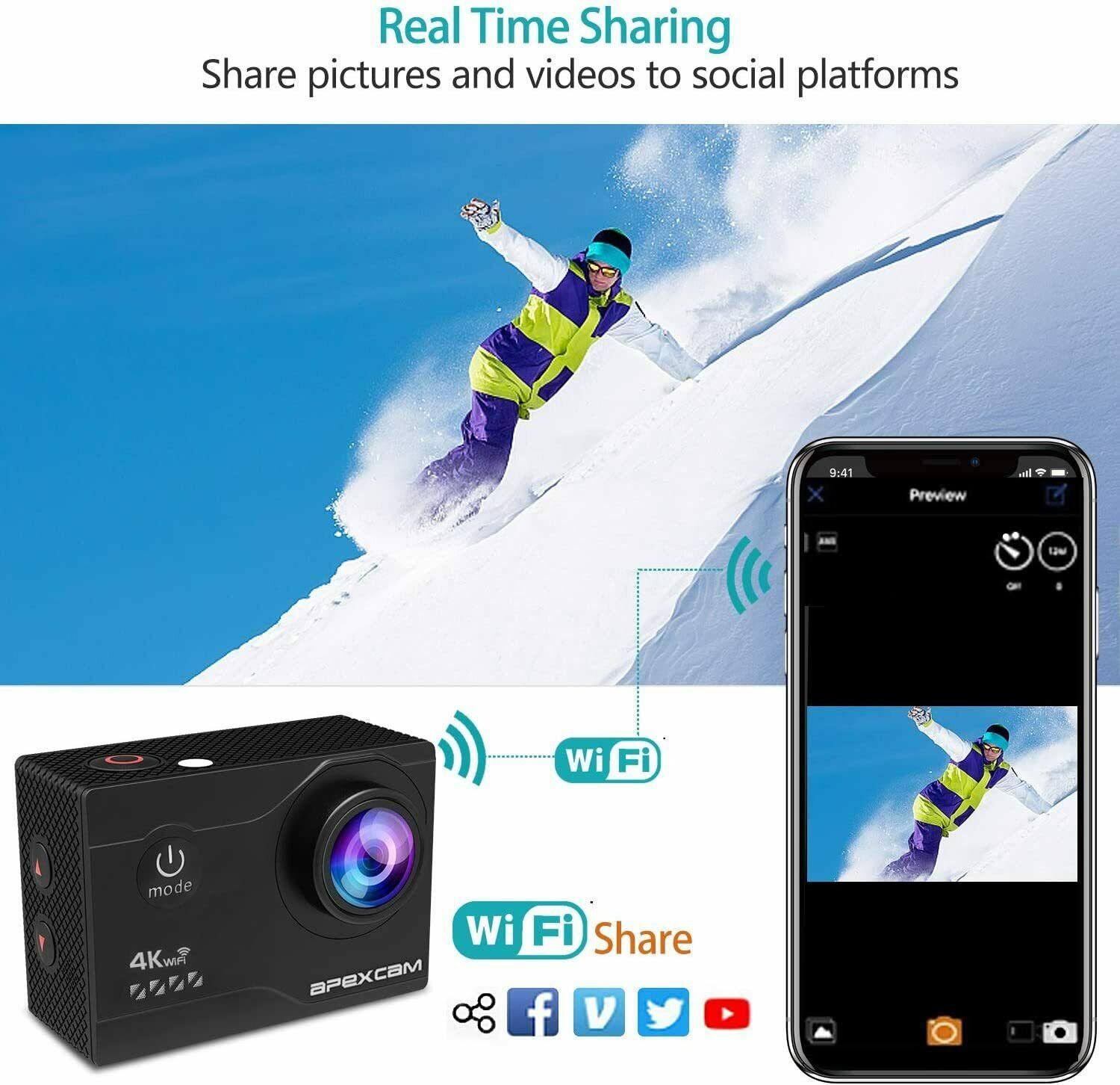 4K Action Camera 20MP Underwater Waterproof 40M 170°Wide-Angle WiFi.