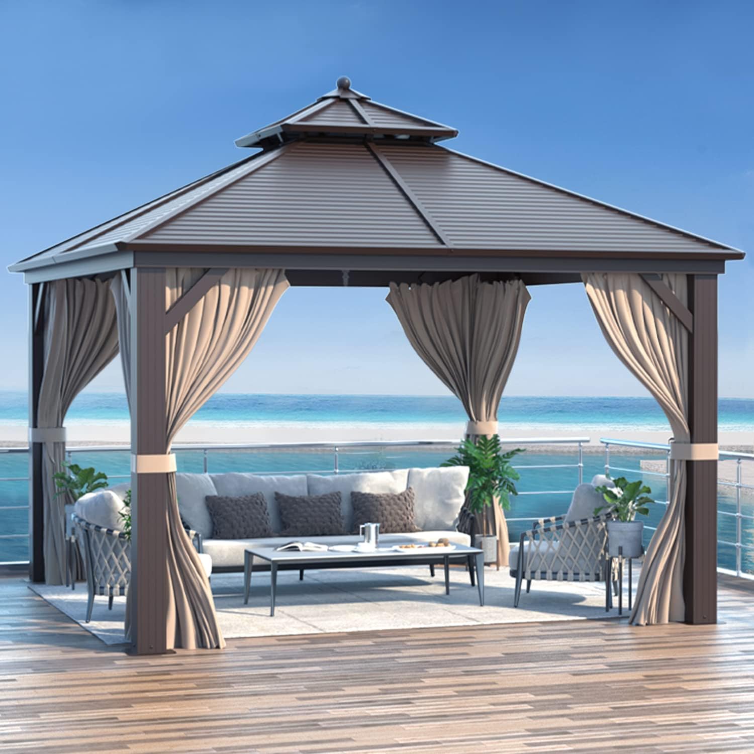 EROMMY Hardtop Gazebo Galvanized Steel Outdoor Gazebo Canopy Double Vented Roof Pergolas Aluminum Frame with Netting and Curtains for Garden,Patio,Lawns,Parties (10'x 13')