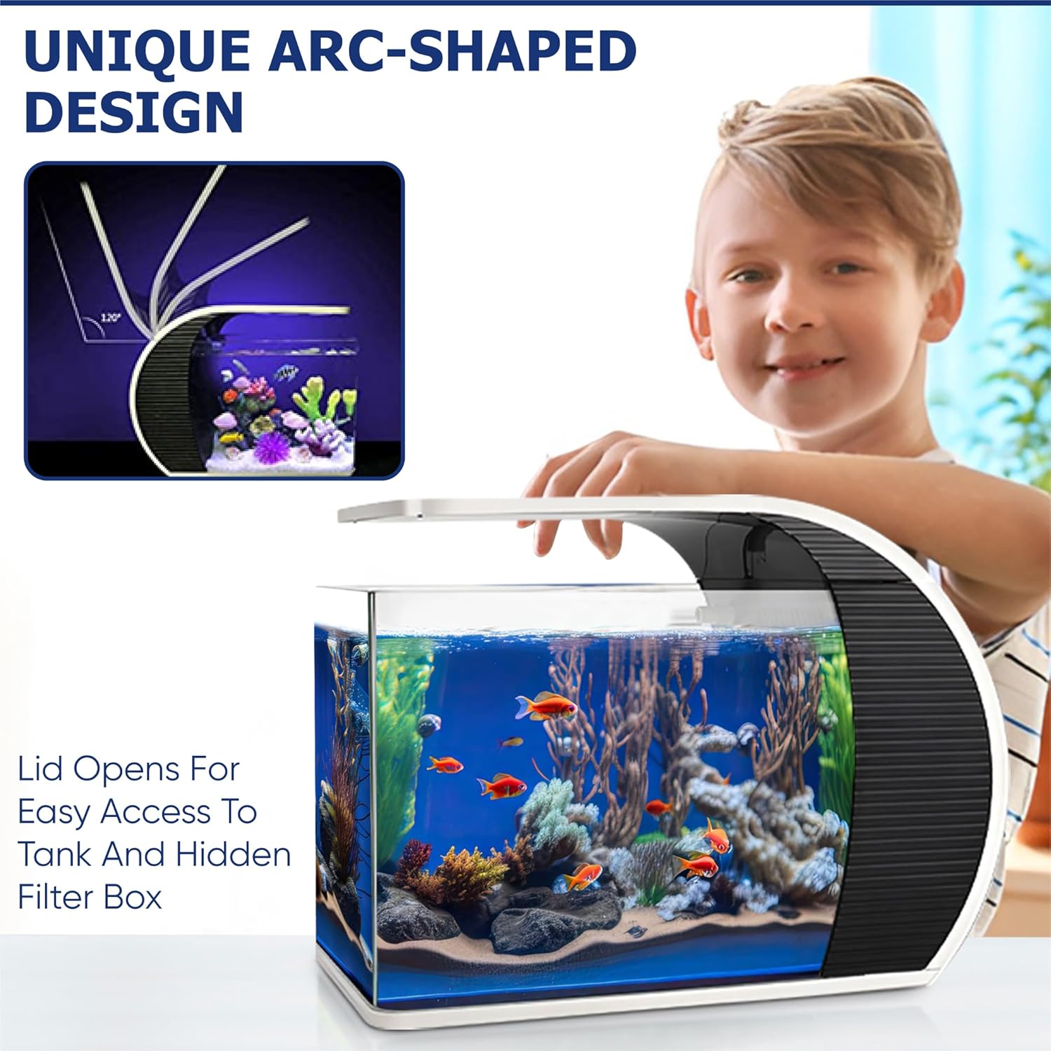 5 Gallon Fish Tanks - Arc-Shaped Glass Fish Tank w/LED Lights - Fish Tank Kit w/Adapter, Water Pump, Bag of Filter Media & More - Beautiful Aquarium Set for Office & Home - Easy Assembly Starter Kit