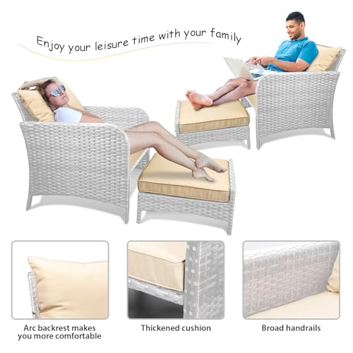 LEVELEVE Balcony Furniture 5 Piece Patio Conversation Set, PE Wicker Rattan Outdoor Lounge Chairs with Soft Cushions 2 Ottoman&Glass Table for Porch, Lawn-Brown Wicker