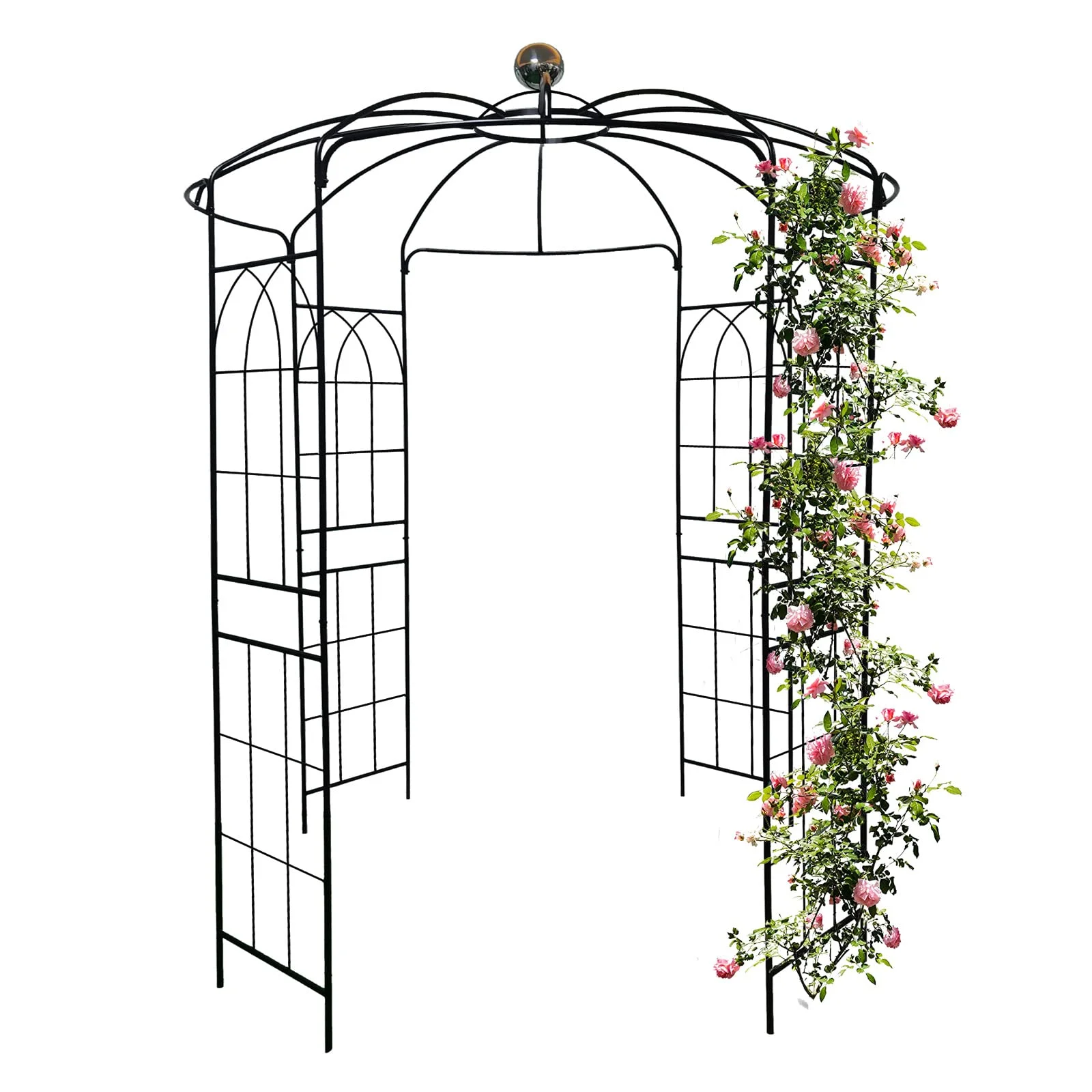 Metal Garden Arch, 81.3" Diameter x 114.2" High, Iron Birdcage-Shaped Garden Gazebo for Wedding Ceremony, Outdoor, Climbable Vine, Rose, Dark Rust Color, Black