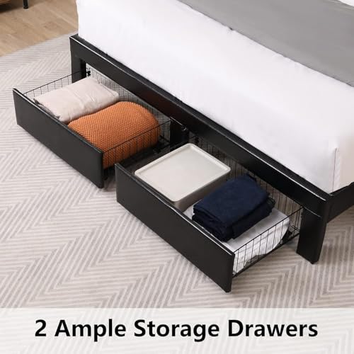 Queen Bed Frame with Headboard & Charging Station, Upholstered Platform Bed Frame with 2 Storage Drawers, Sturdy Wooden Slats Support/No Box Spring Needed/Noise Free/Easy Assembly/White