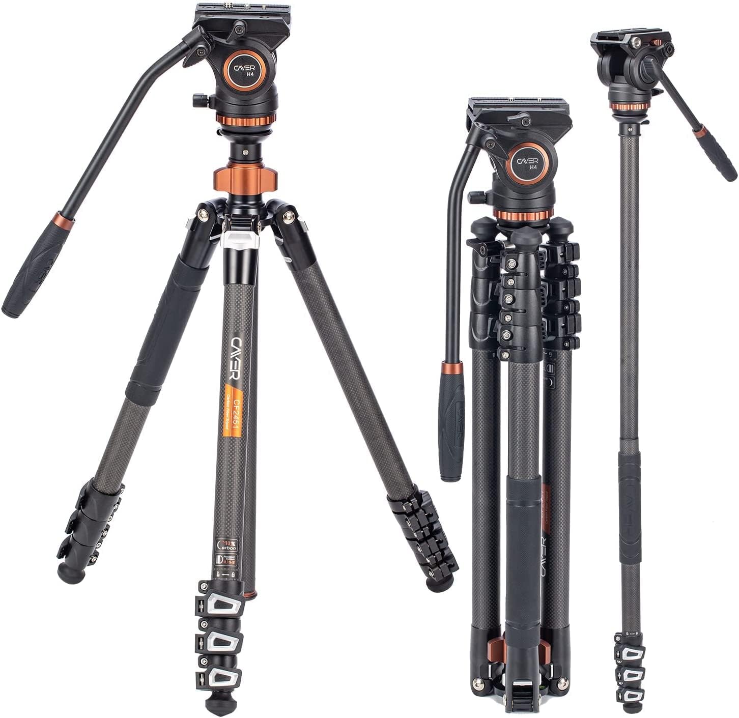 Cayer CF2451 Video Tripod 67 inches Carbon Fiber Tripod Leg with Fluid Drag Head, 4-Section Compact DSLR Tripod Convertible to Monopod for DSLR Camera, Video Camcorder