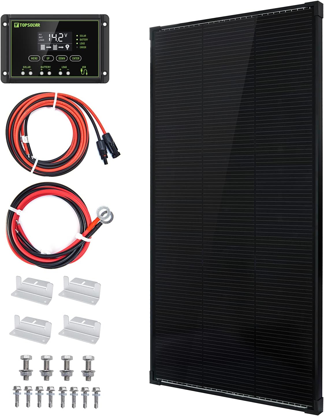 Topsolar Solar Panel Kit 100 Watt 12 Volt Monocrystalline Off Grid System for Homes RV Boat + 20A 12V/24V Solar Charge Controller + Solar Cables + Z-Brackets for Mounting