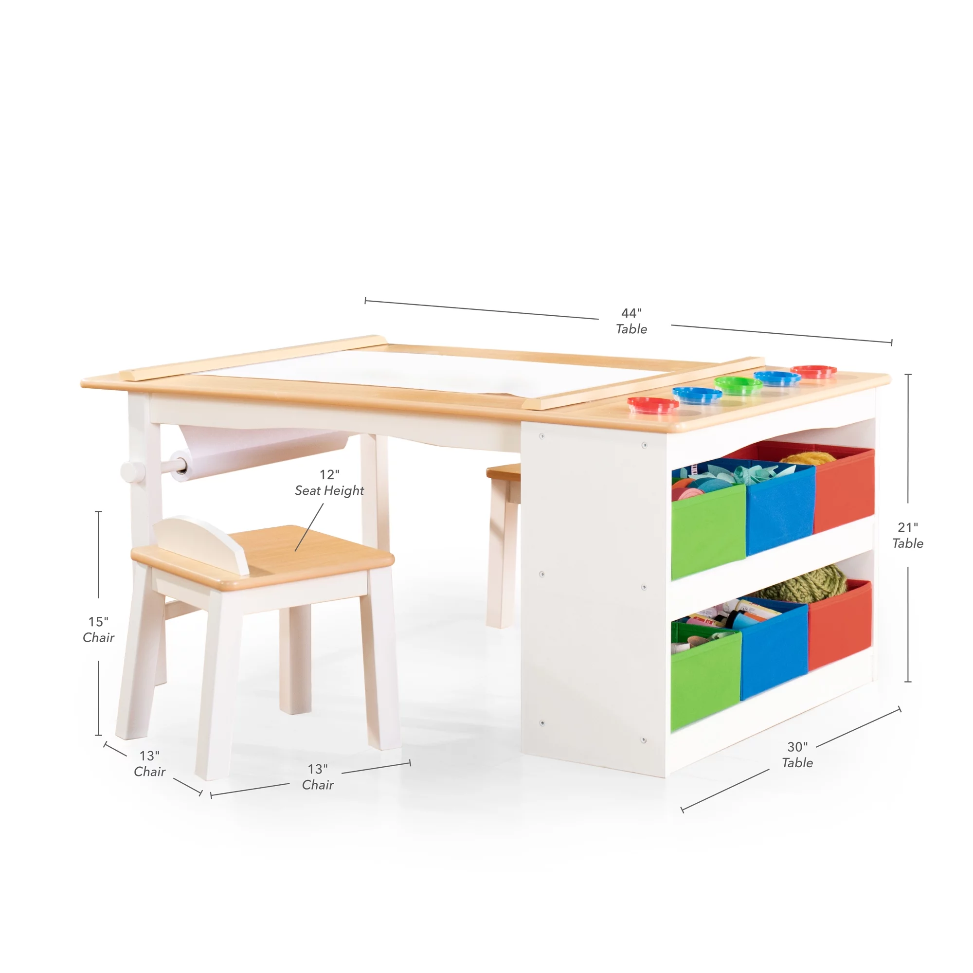 Guidecraft Arts and Crafts Center: Kids Activity Table and Drawing Desk with Stools, Storage Canvas Bins, Paper Roller, and Paint Cups | Toddlers Work Station - Children's Wooden Learning Furniture