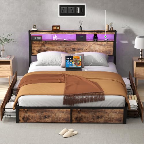 SADENICEL Queen Bed Frame with Storage Headboard and 4 Drawers, Metal Platform Bed Frame with LED Light, Charging Station, No Box Spring Needed, Noise Free, Easy Assembly, Vintage Brown