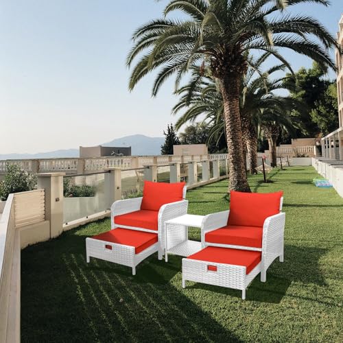 LEVELEVE Balcony Furniture 5 Piece Patio Conversation Set, PE Wicker Rattan Outdoor Lounge Chairs with Soft Cushions 2 Ottoman&Glass Table for Porch, Lawn-Brown Wicker