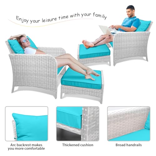 LEVELEVE Balcony Furniture 5 Piece Patio Conversation Set, PE Wicker Rattan Outdoor Lounge Chairs with Soft Cushions 2 Ottoman&Glass Table for Porch, Lawn-Brown Wicker