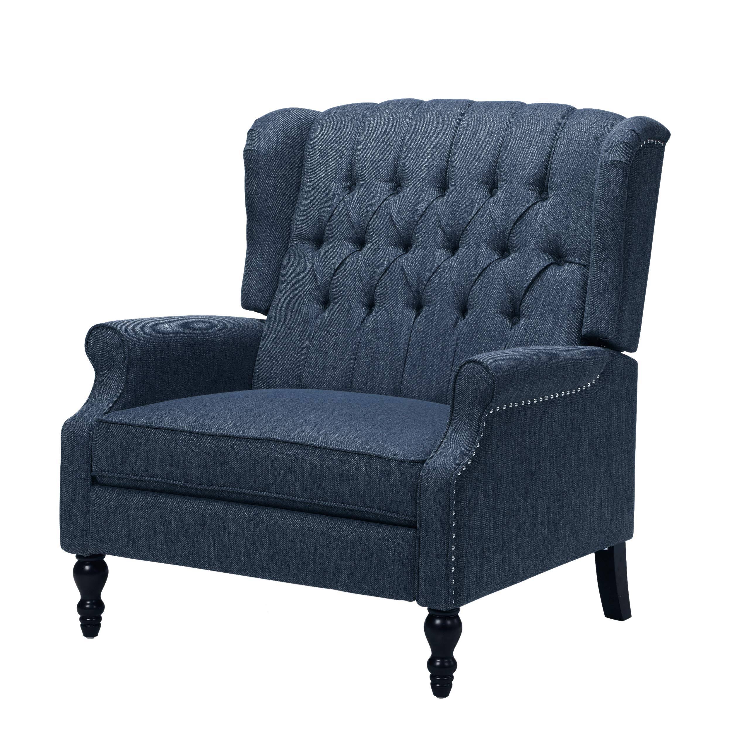 Salome Oversized Tufted Wingback Fabric Push Back Recliner, Navy Blue