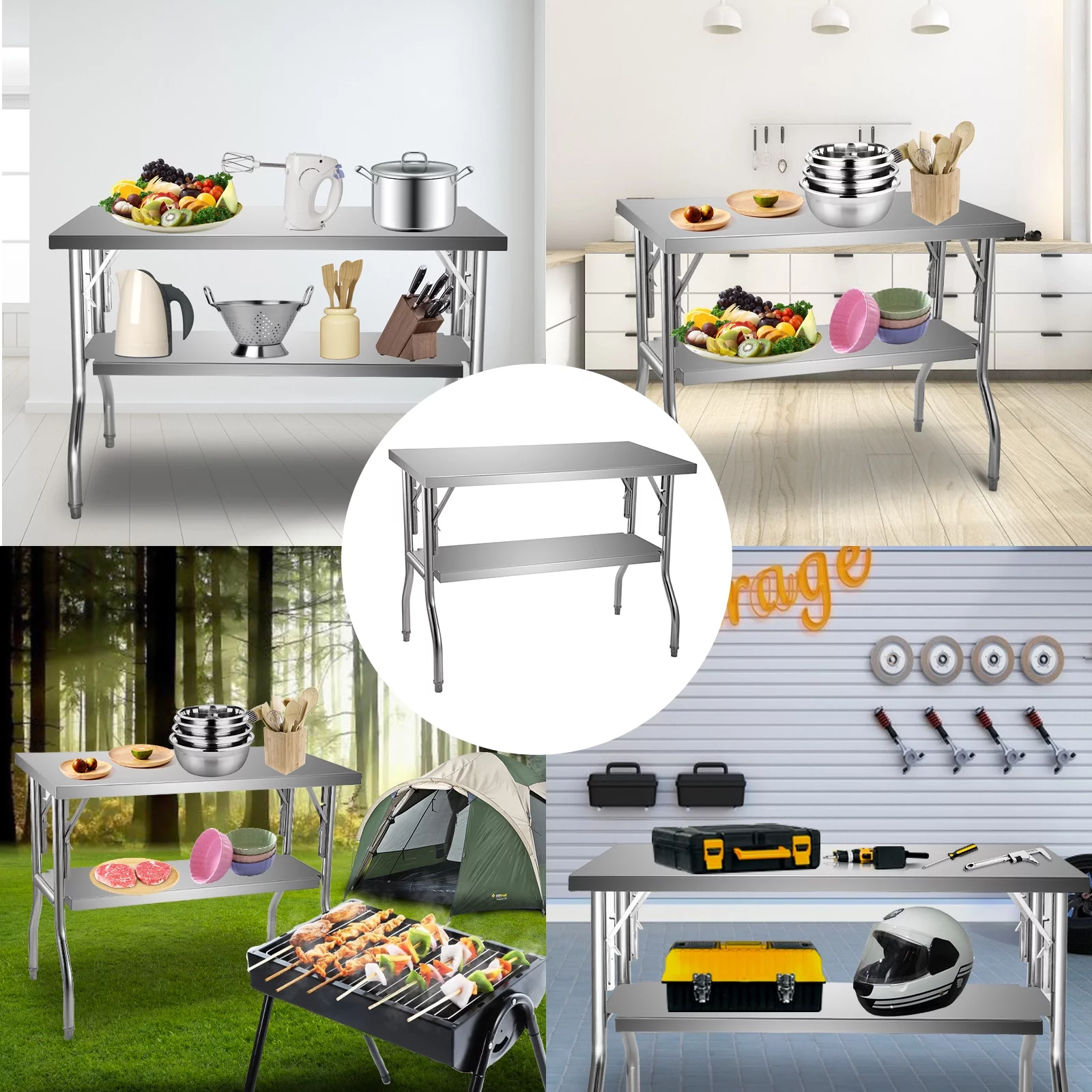 VEVOR Commercial Worktable Workstation 48 x 24 inch Folding Commercial Prep Table, Heavy-duty Stainless Steel Folding Table with 772 lbs Load, Kitchen Work Table, Silver Stainless Steel Kitchen Island