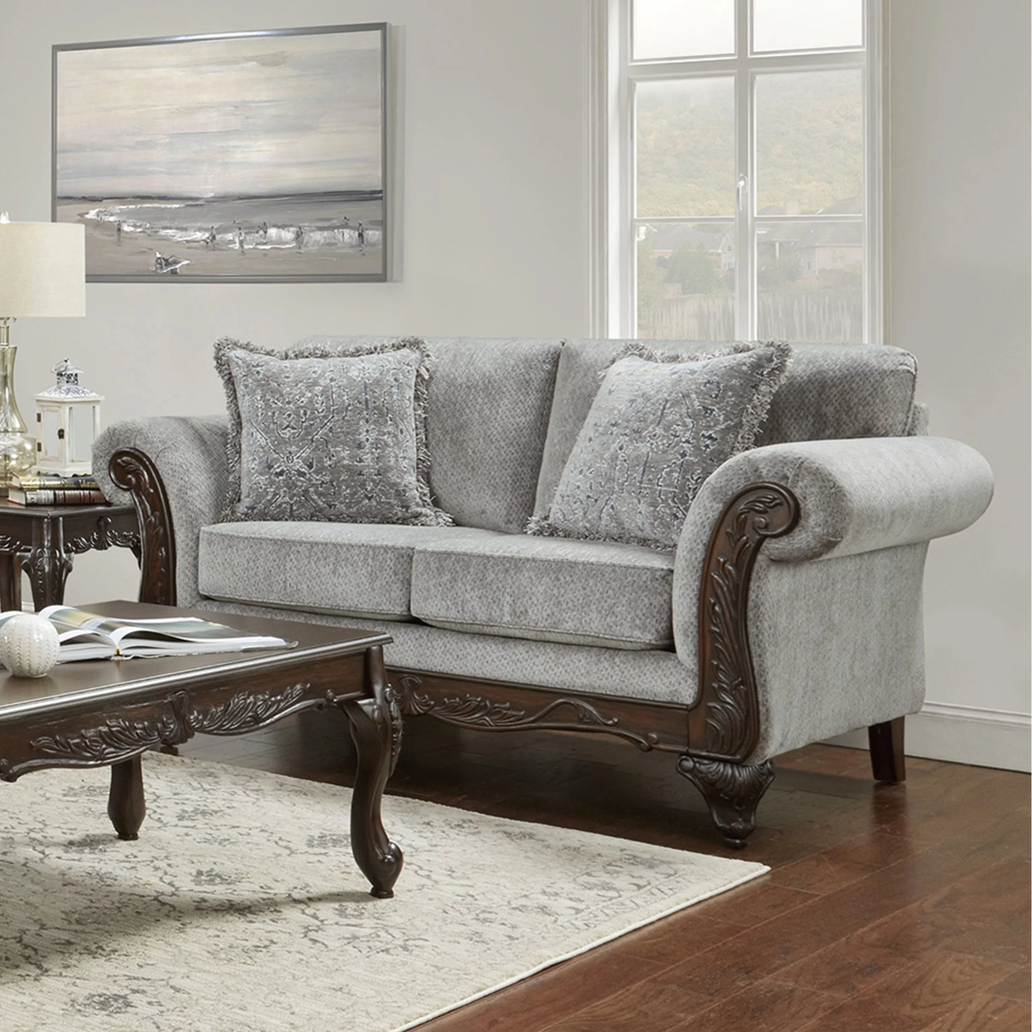 Roundhill Furniture Hernen Carved Wood Frame Polyester Sofa and Loveseat Set, Gray