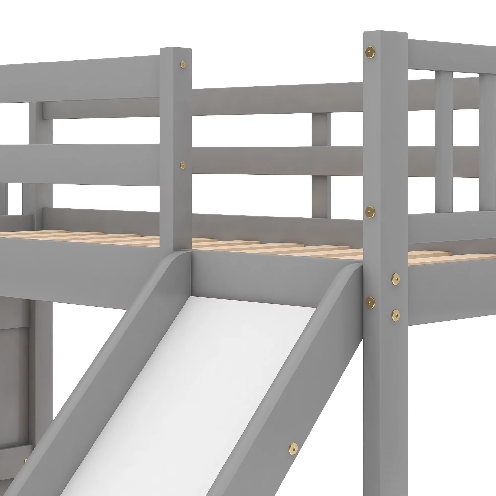 THINK 30,Solid Wood Twin Over Twin Bunk Bed with Convertible Slide and Stairway, Low Bunk Bed with Storage Space Multifunctional Design, Gray