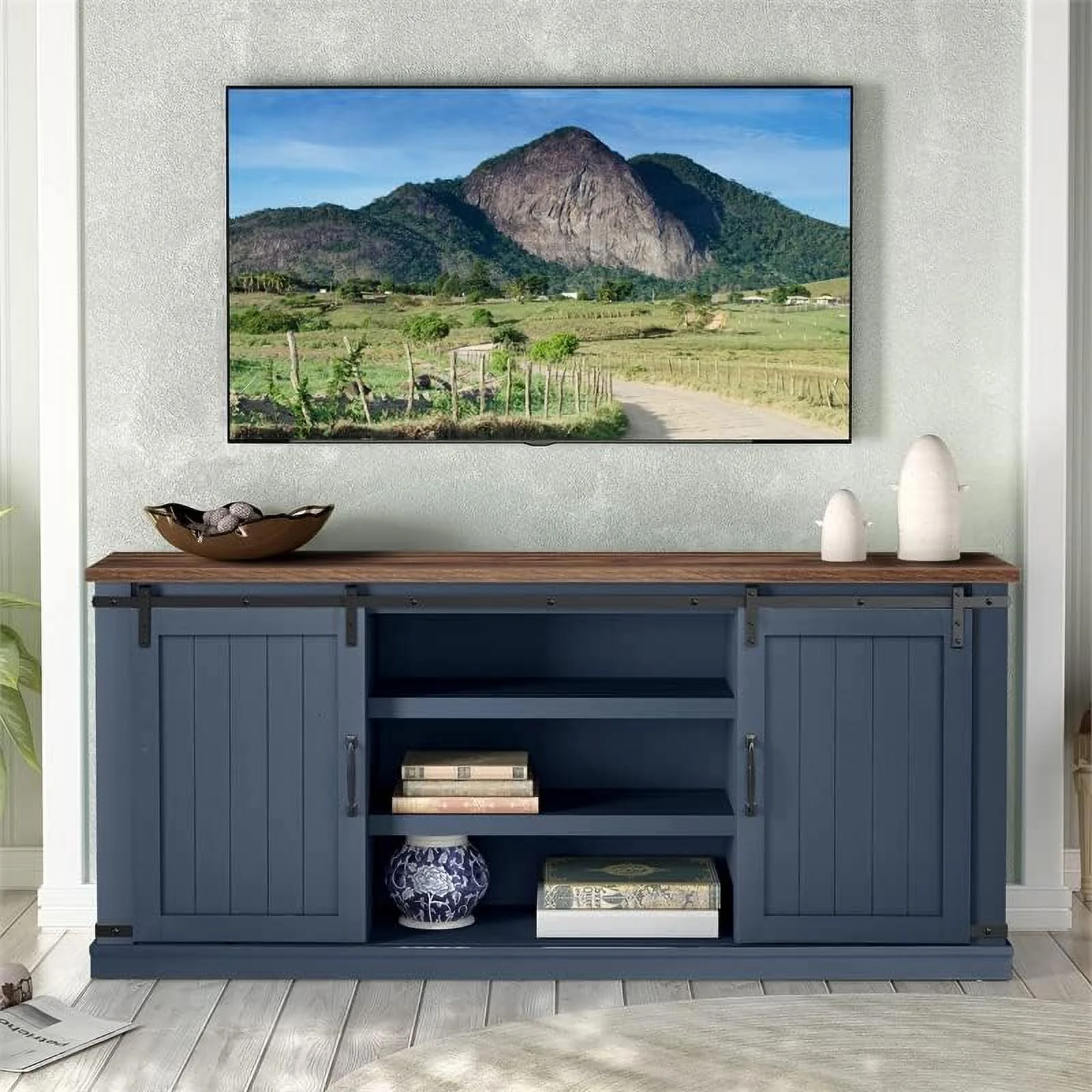 68 in. TV Media Stand for TV up to 75 in. Navy w/Walnut Color Desktop