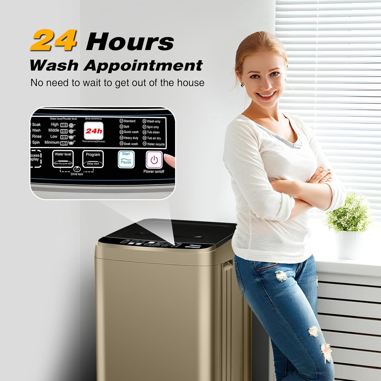 19lbs Full-Automatic Portable Washing Machine, Compact Washing Machine with Spin & Drain Pump & 10 Wash Program, 8 Water-Levels Low Noise Portable Washer for Apartment, Dorm, Home, RV(Gold)