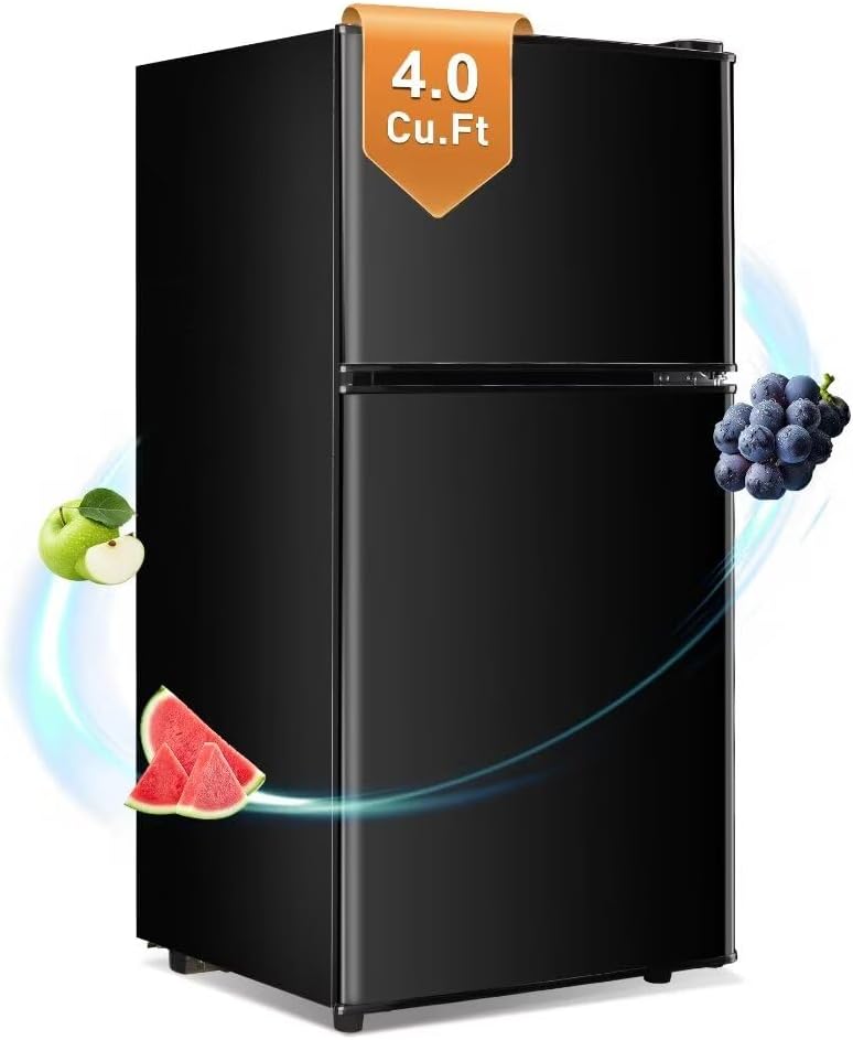 Apartment Size Refrigerator, 4.0 Cu.Ft Mini Fridge with Freezer Perfect for Kitchen, Dorm, Apartment, Office, Compact Fridge with 7 Adjustable Thermostat, Low Noise, Black