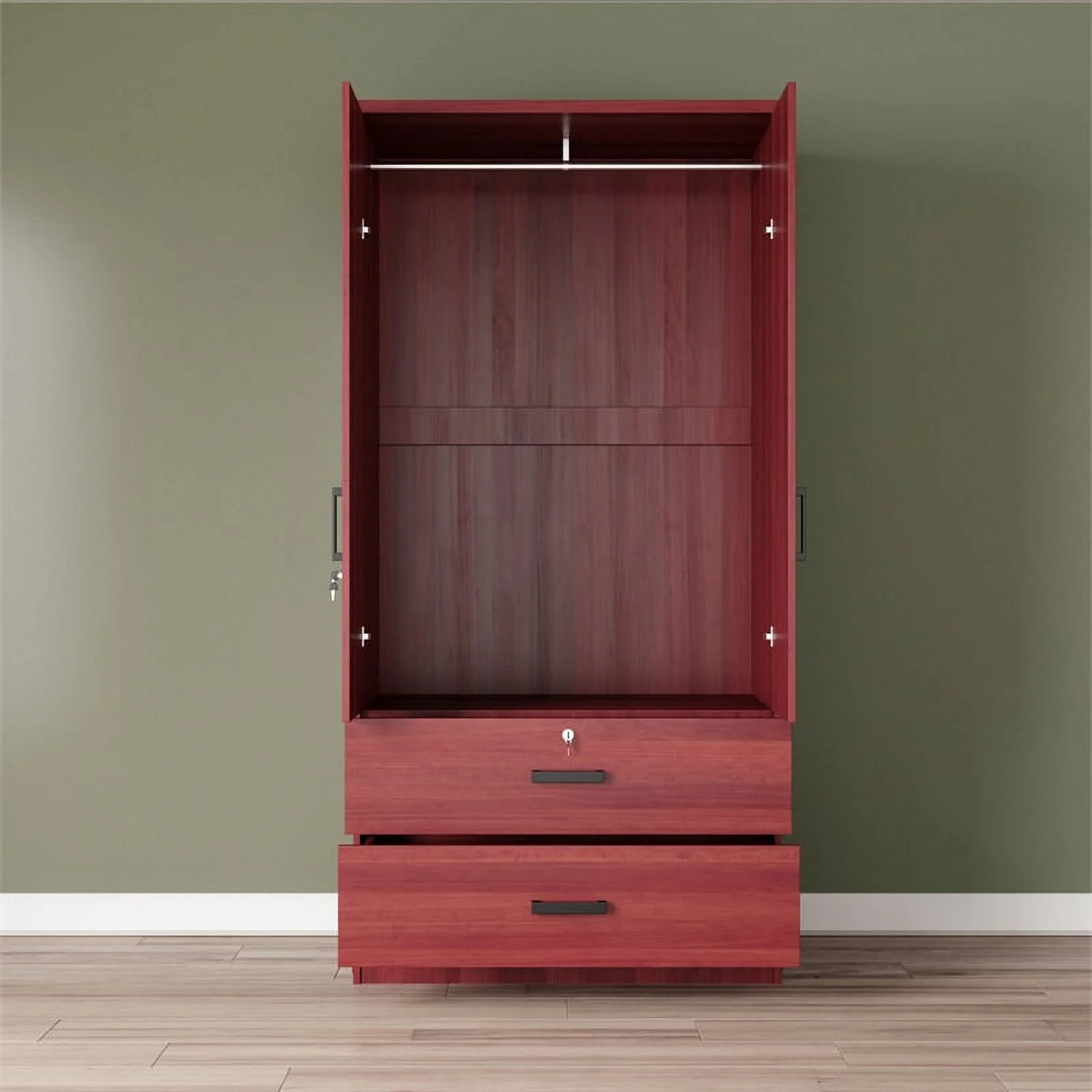 Better Home Products Grace Armoire Wardrobe with Mirror & Drawers in Mahogany