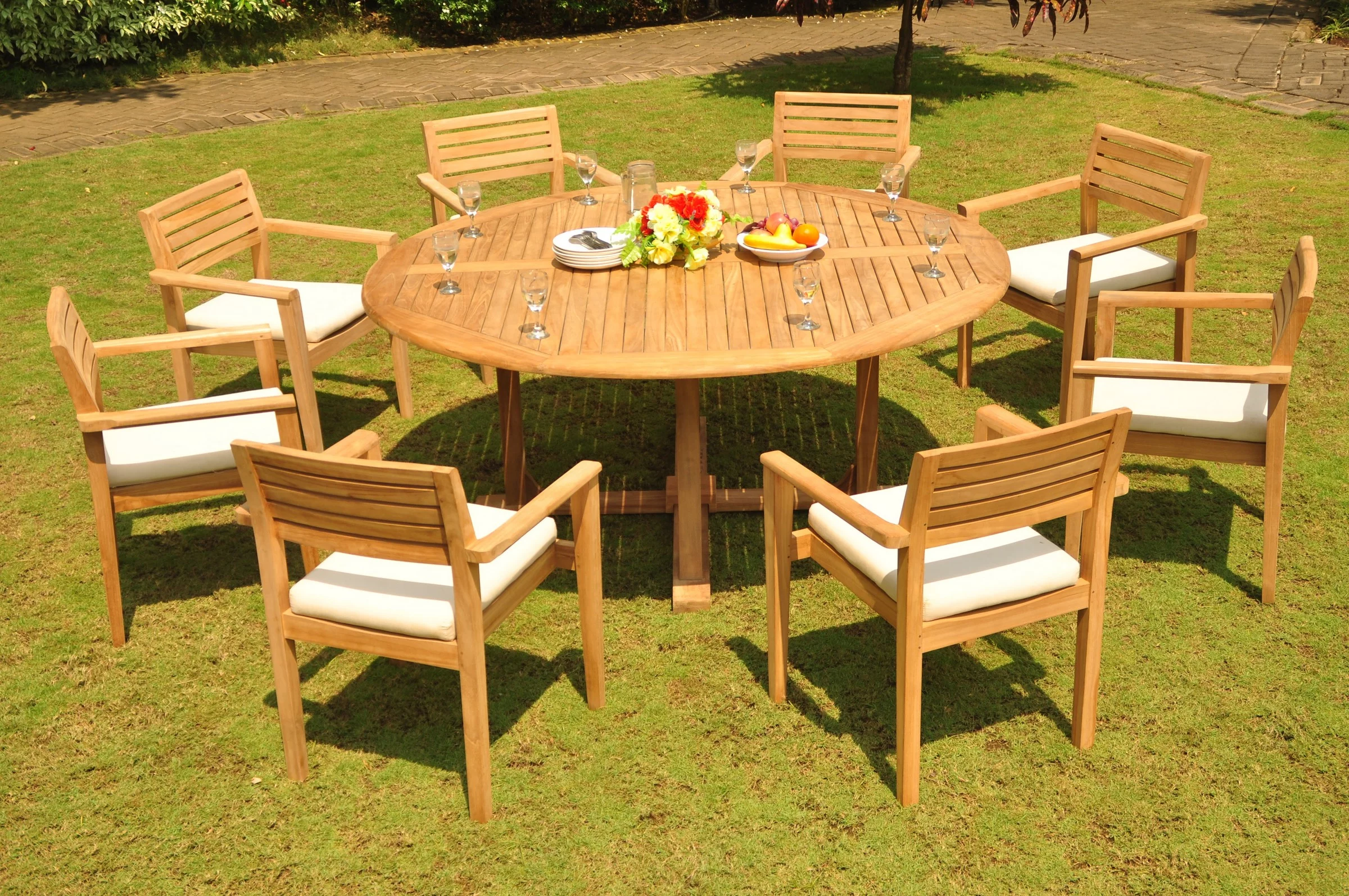 Teak Dining Set: 8 Seater 9 Pc: 72" Round Dining Table And 8 Montana Stacking Arm/Captain Chairs Outdoor Patio Grade-A Teak Wood WholesaleTeak #WMDSMTj