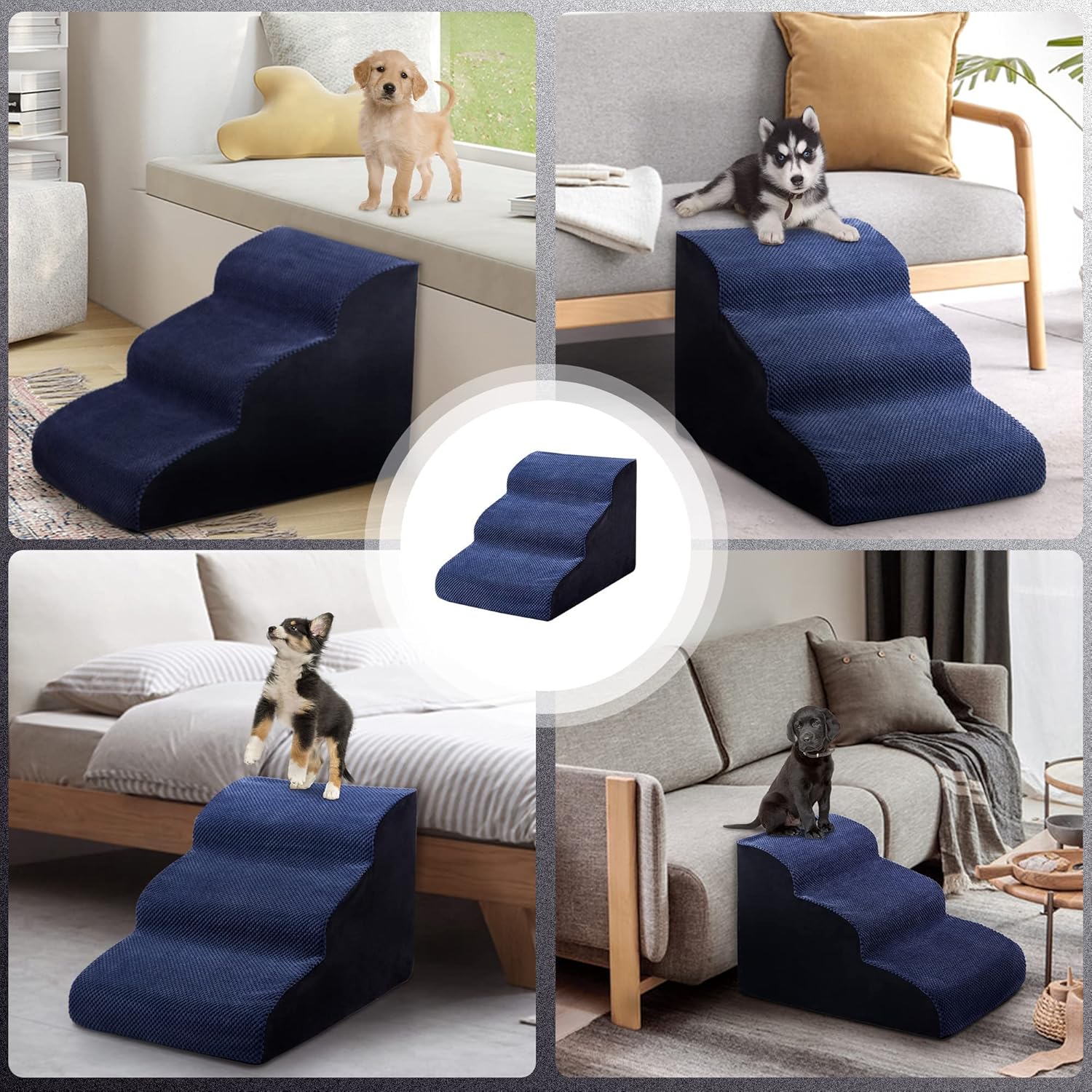 MALOROY 2 Tiers Foam Dog Ramps, Dog Ladder Pet Ramp Stairs Non-Slip Pet Step for Older Dogs and Pets with Joint Pain, Sofa Bed Ladder for Cats（Navy Blue）