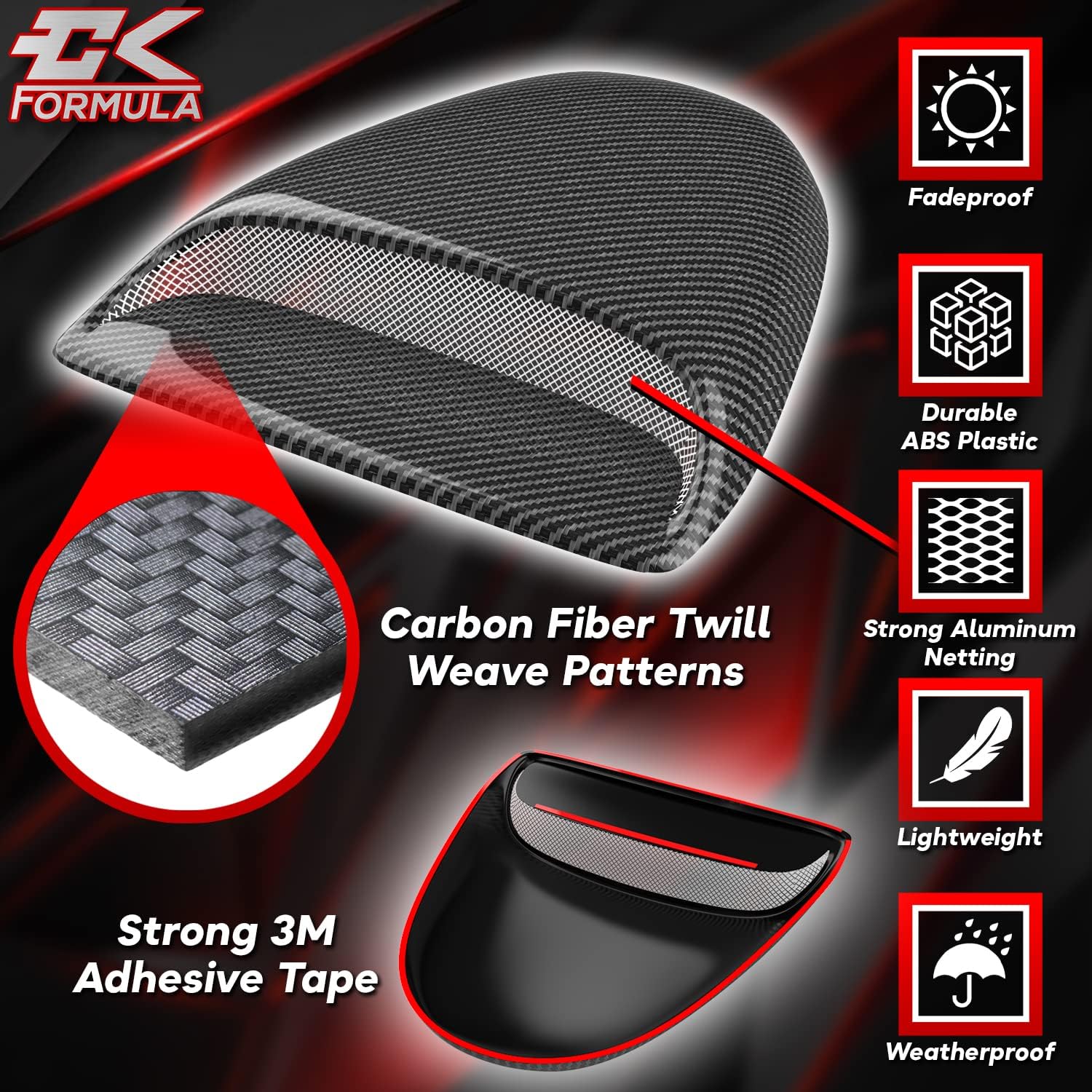 CK Formula Carbon Fiber Hood Scoop - Front Car Hood Vent Cover, No-Drill Universal Fit for Flat Hoods, Coupe, Trucks, SUV, JDM Style Body Kit, Waterproof, Aftermarket Automotive Accessory, 1 Piece