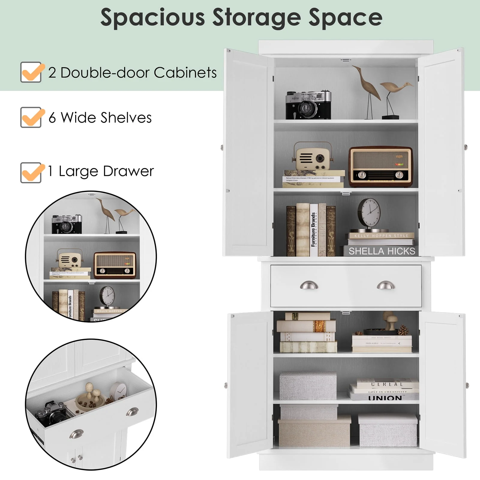 Homfa 72.4'' Tall Kitchen Pantry with 4 Doors, Large Drawer Shelves Wood Storage Cabinet for Dining Room Living Room, White