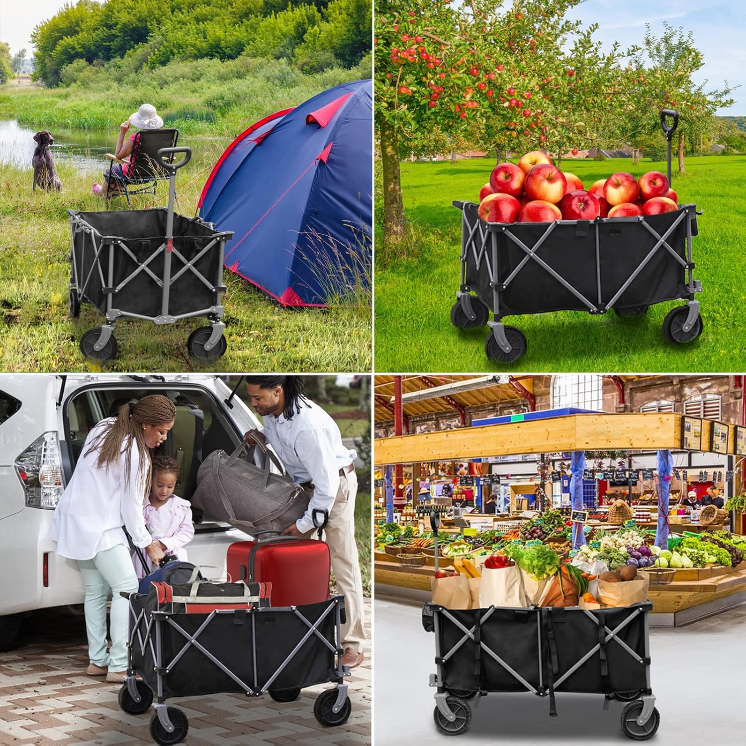 ROMISS Folding Wagon Cart Heavy Duty Collapsible Utility Wagon Outdoor Camping Garden Cart with Universal Wheels for Camping, Sports, Shopping - Black