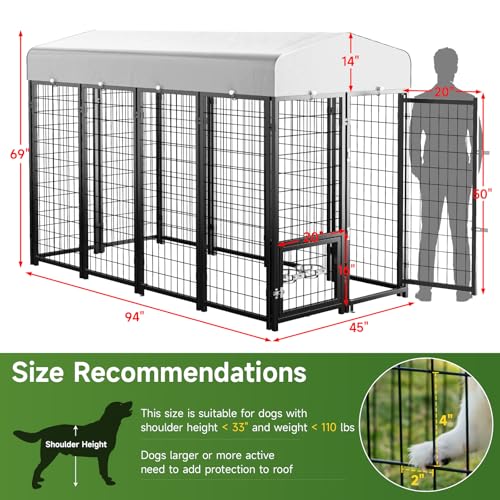 SINO LUBAN Outdoor Dog Kennel Outside Run with Doggy Door, Swivel Feeder&Roof - 8x4x6 Large Dog Kennels Pens Outside for Large Dogs Breed-Heavy Duty Cage Enclosure Yard (Can Connect to Your Dog House)