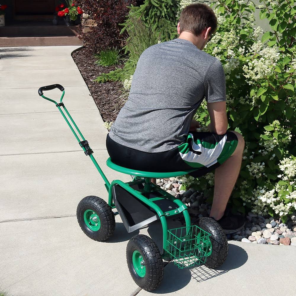 Sunnydaze Green Rolling Garden Cart with Extendable Steering Handle, Swivel Seat u0026 Basket