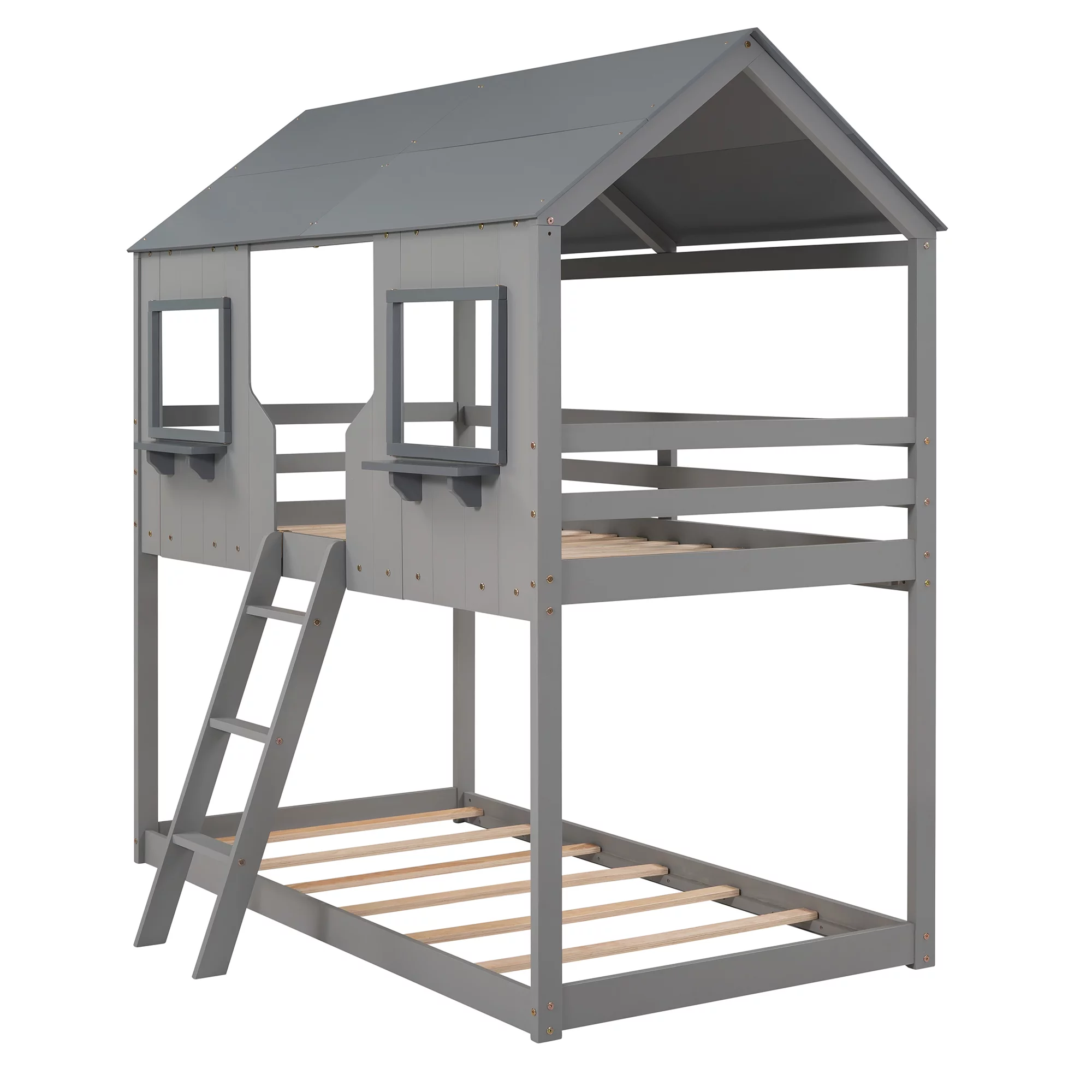 Bellemave Kids Bunk Bed Twin Over Twin, Wooden House Bunk Bed with Roof and Windows, Floor Bunk Beds for Kids Teens Girls Boys, No Spring Box Required (Gray)