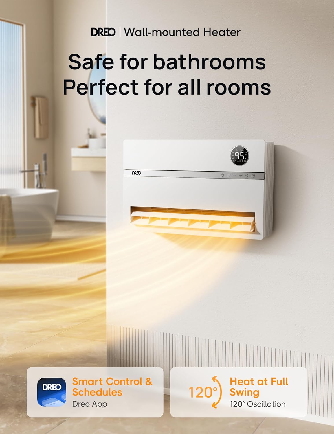 Dreo Wall Heater for Bathroom, Smart Space Heaters with ALCI Plug, 1500W & Smart Wall Heater, Electric Space Heater for Bedroom 1500W, 120° Vertical Oscillation