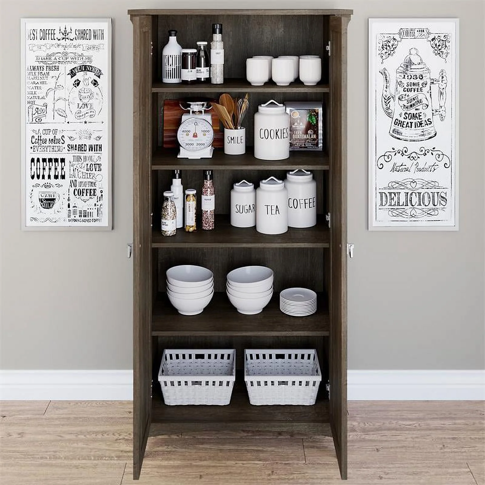 Pemberly Row Kitchen Pantry Cabinet with Doors in Ash Brown - Engineered Wood