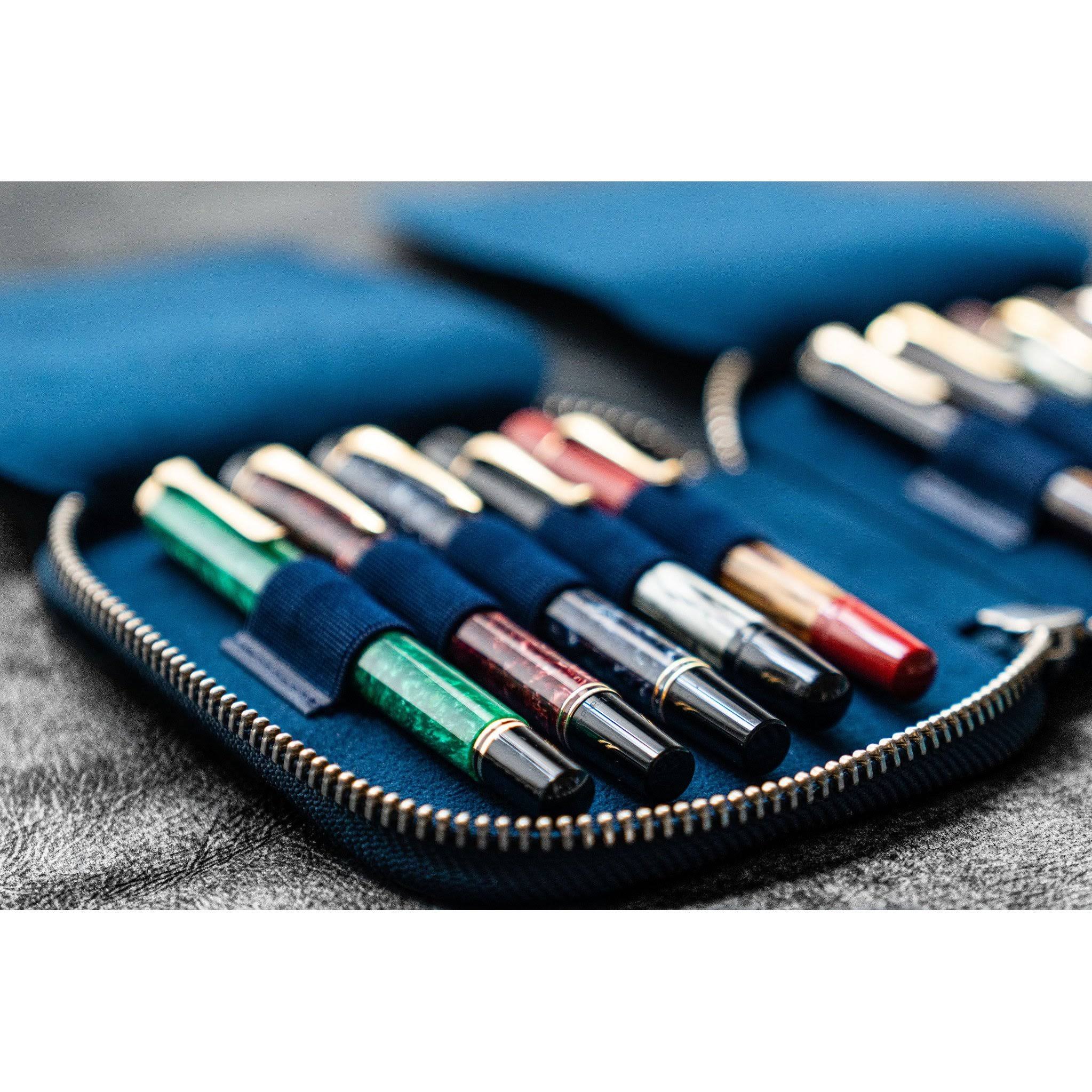 Galen Leather 10 Pen Zipper Case - Crazy Horse Navy Blue